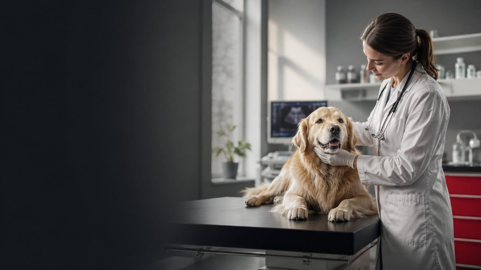 Veteriner hekim, klinik ortamında golden retriever muayenesi yaparken