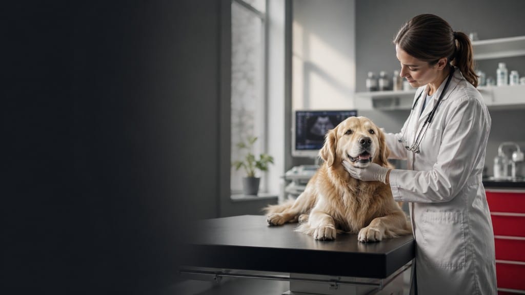 Veteriner hekim, klinik ortamında golden retriever muayenesi yaparken